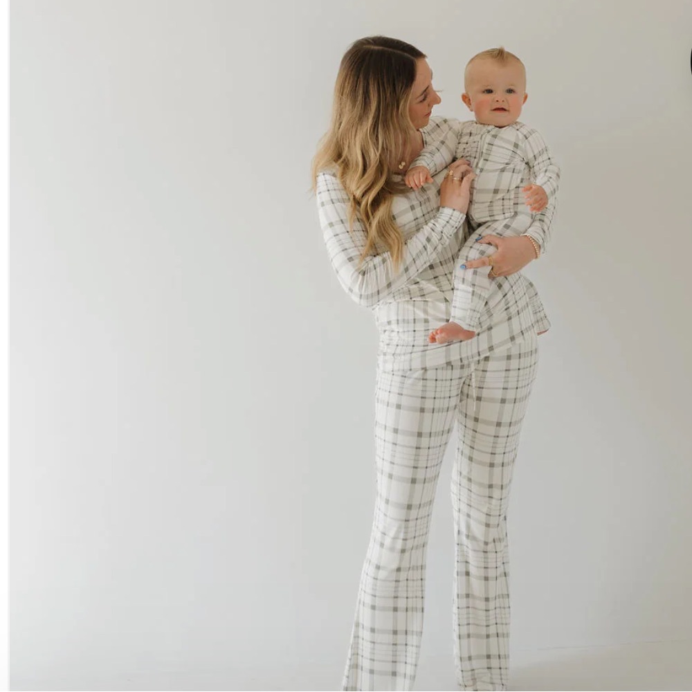 Forever French Matching Mama & Baby Plaid Pajama Set in white & green